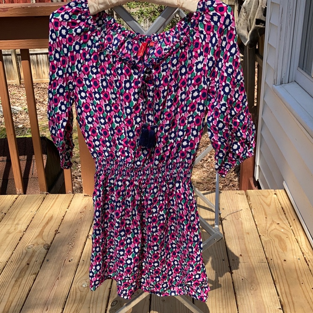 Red camel pink and blue dress